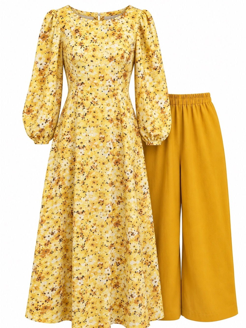 Lunar New Year Yellow Floral Dress With Wide Leg Pant Set